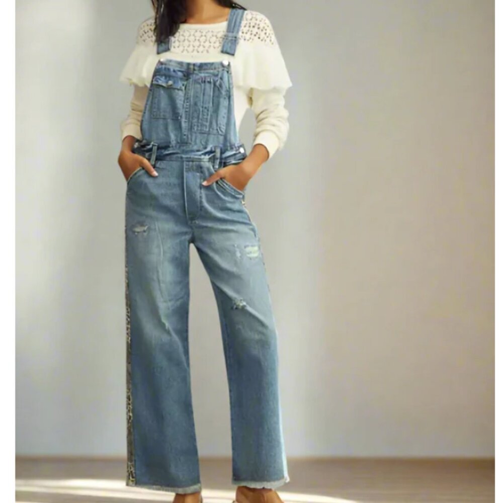 Anthropologie Lex Denim Overalls Womens 27 Flared Distress Leopard Stripe Pilcro